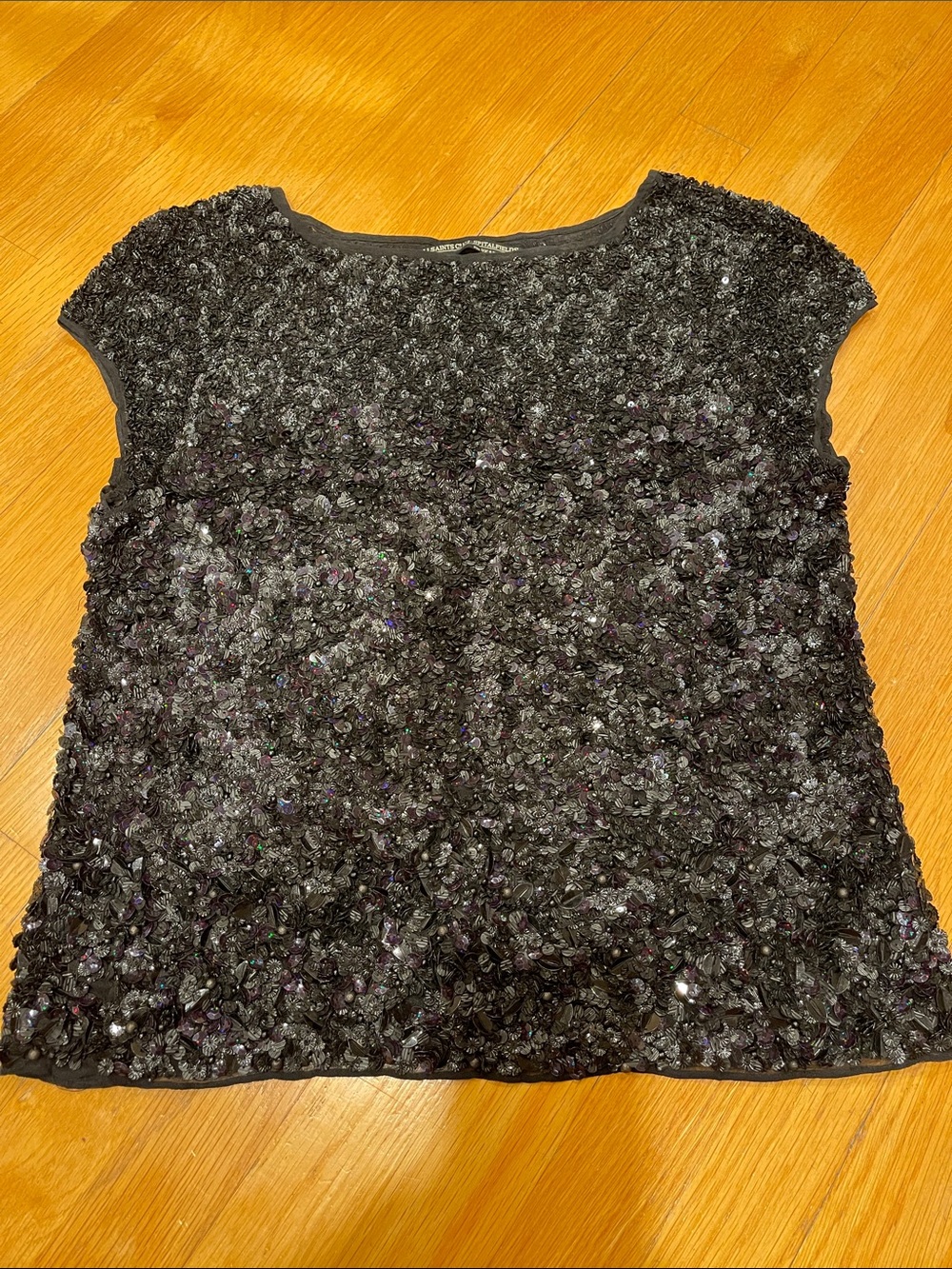 AllSaints Black Sequin Cap-Sleeve Embellished Top